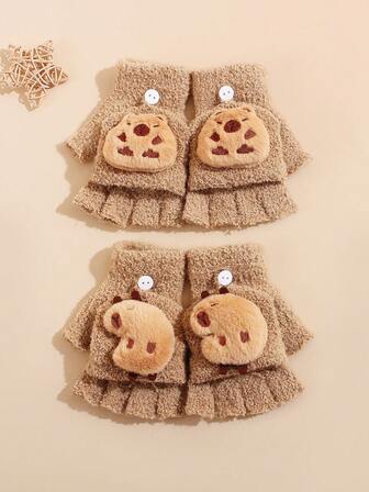 1 pereche de mănuși de pluș calde și îngroșate cu jumătate de deget, cu desene animate pentru copii, de iarnă