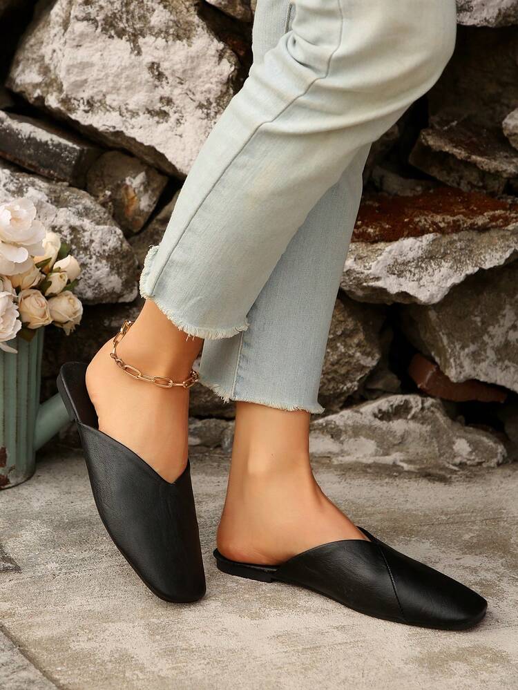 Women's Solid Color Bohemian Elegant Fashion Asymmetric/Asymmetrical Flat Leather Loafers, Sandals For Home Wear, All Season - Black - View 9