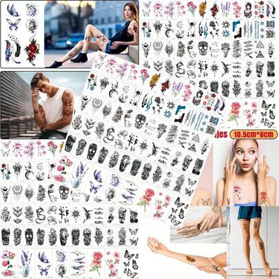 68 hojas de tatuajes temporales para adultos adecuado tanto para hombres como para mujeres - Diseños de Flores animales calaveras Mariposas y Más - Impermeables y No Tóxicos