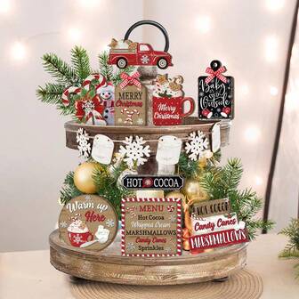 15 Pieces Christmas Wooden Tiered Tray Decorations Home Decor Christmas Snowflake Car Logo Wooden Creative Decorative Trays Suitable For Christmas Party Decorations Home Kitchen Desktop Decoration