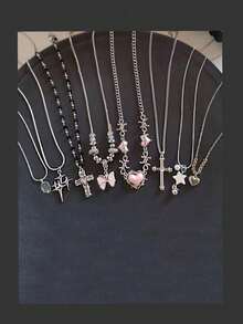 8PCS Star Cross Bowknot Pendant Necklace For Women Egirls Cool Neck Jewelry Clavicle Chain Original Korean Fashion Party Gift