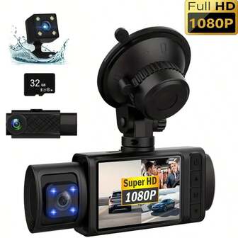 1 pieza Cámara de salpicadero HD negra 1080P Cámara de coche con tres cámaras Visión nocturna Monitor de estacionamiento de 24 horas 2.0" Se puede aplicar a DVR de vehículo Grabación en ciclo automático Monitoreo de estacionamiento, Batería de litio de 150mAh