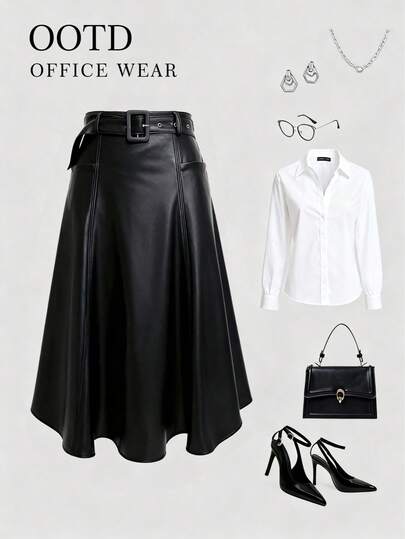 Saia Feminina Elegante Preto Com Detalhe De Bolso, Outono