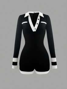 性感黑白撞色露脐衬衫领连体裤，纽扣前襟，适合夏季活动，可机洗涤纶混纺面料，春季款 - 黑色 - 查看 3