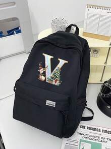 New Christmas Theme Letter Print Backpack, Unisex Shoulder Bag, Outdoor Sports Bag, Large Capacity Travel Hiking Backpack, Canvas Casual Laptop Notebook Bag Christmas Bags