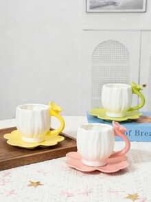 1 Set Taza y platillo de cerámica con diseño creativo pintado a mano de dopamina y trébol de cuatro hojas, para uso doméstico - Multicolor - Ver 6