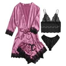 European And American Cross-Border Trade Women's Pajamas Four-Piece Set Plus Size Nightgown Camisole Set Outerwear Homewear Hot  In Stock - Màu đỏ rượu vang - Xem 11