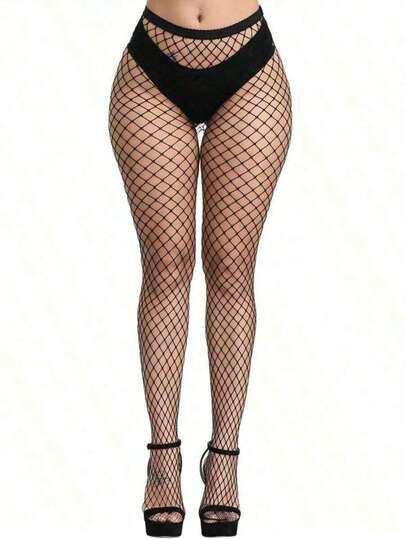 1 Pair Women's Basic Solid Black Fishnet Pantyhose, High Stretch Fishnet Stockings Stockings Women Halloween Accessories