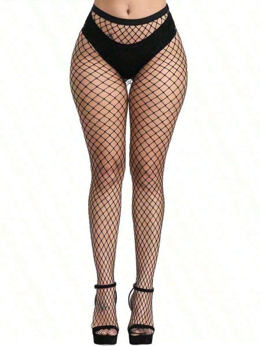 1 Pair Women's Basic Solid Black Fishnet Pantyhose, High Stretch Fishnet Stockings Stockings Women Halloween Accessories - 黑色 - 查看 1
