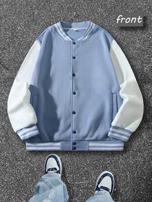 Oversized Light Blue White Color Block Baseball Jacket - Streetwear Vintage Inspired Soft Fabric Casual Coat For Men & Women - 淺藍白色 - 查看 1