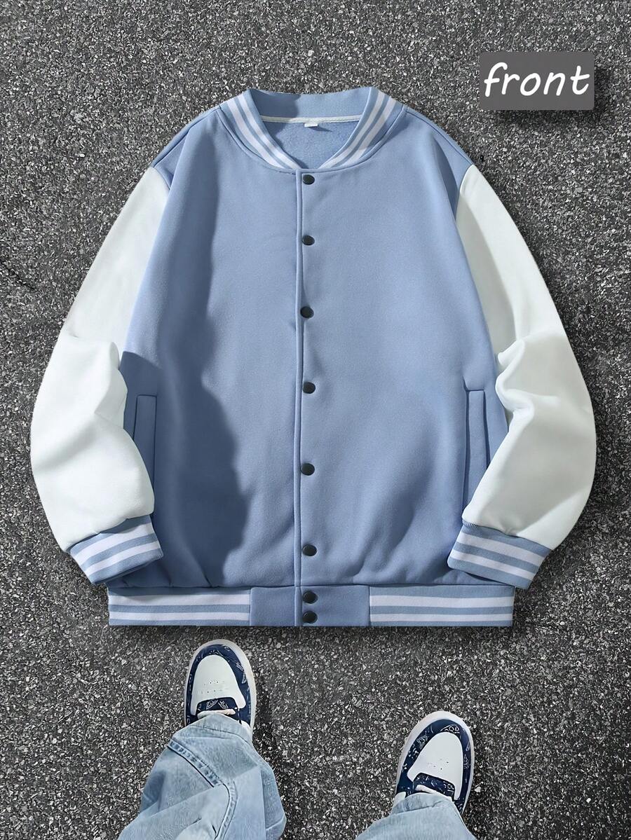 Oversized Light Blue White Color Block Baseball Jacket - Streetwear Vintage Inspired Soft Fabric Casual Coat For Men & Women - Màu xanh nhạt và trắng - Xem 1