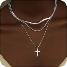 In Stock Instant Delivery Necklace Women Girls, Dainty 14K Gold Silver Plated Choker Pendant Jewelry Non Tarnish Waterproof Cute Simple Small Necklace Easter Christian Baptism Religious Faith Jewelry Gifts ZEVL - 09 多層十字架項鍊-銀色 - 查看 1