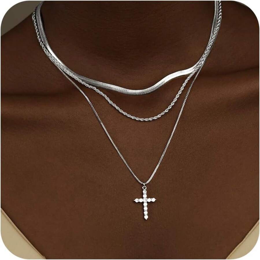 In Stock Instant Delivery Necklace Women Girls, Dainty 14K Gold Silver Plated Choker Pendant Jewelry Non Tarnish Waterproof Cute Simple Small Necklace Easter Christian Baptism Religious Faith Jewelry Gifts ZEVL - 09 多層十字架項鍊-銀色 - 查看 1