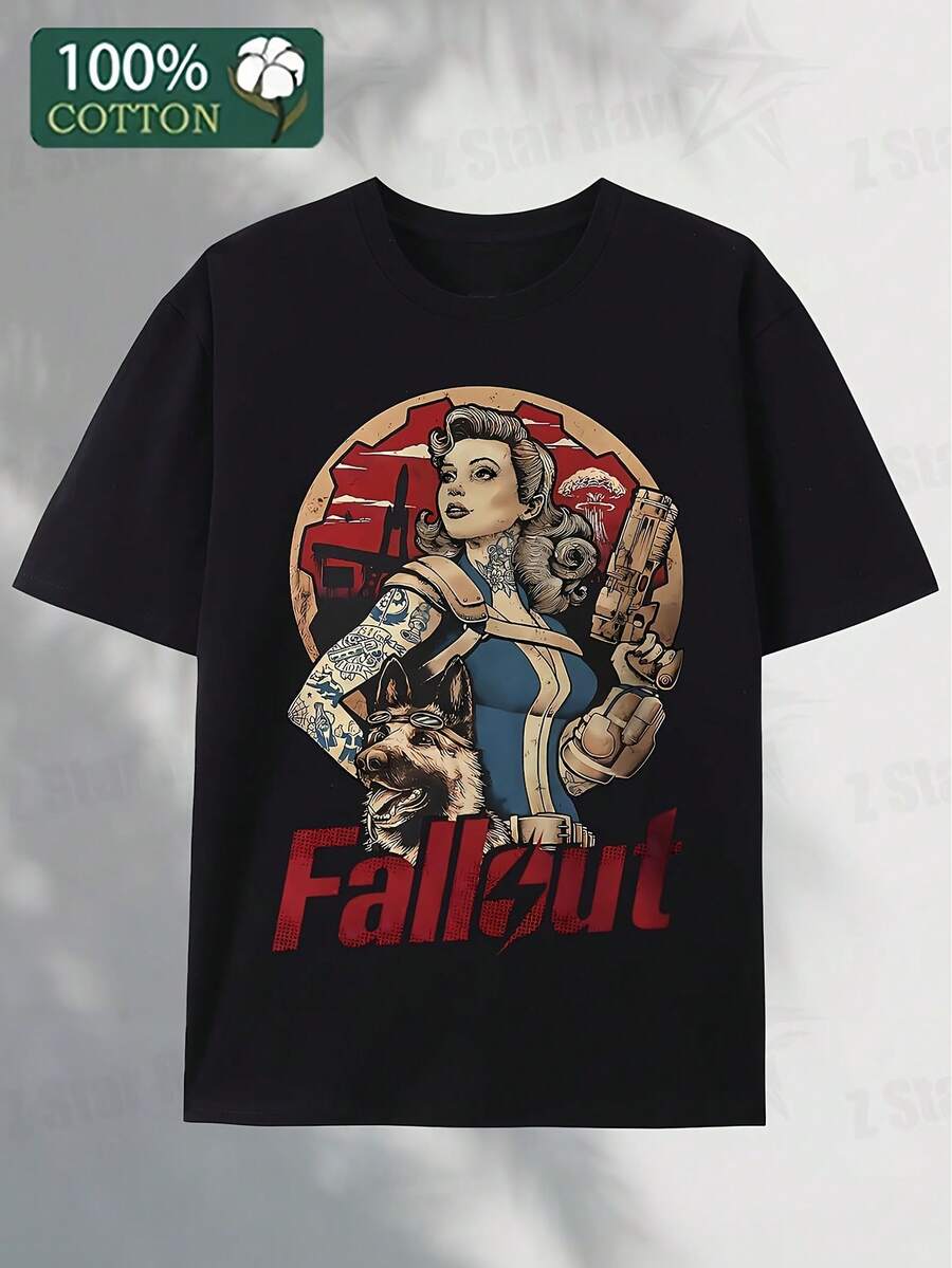 Men's Fallout Nuke Cola Graphic T-Shirt - Post-Apocalyptic Vault Girl Design Gaming Tee - Black With Red Fallout Logo - Soft Breathable 100% Cotton Shirt For Fallout Fans - Machine Washable Video Game Apparel - 黑色 - 查看 1