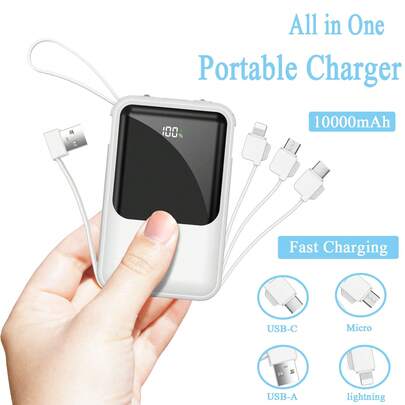 Power Bank 10000mAh,22.5W Fast Charging  Portable Charger Built-In Cable,Multi-Port USB-C & Light Ning Output Cable, External Battery Pack With LCD Display, Compact Travel Charger With Carry-On Strap For Android,Phone 16 15 14 13 12