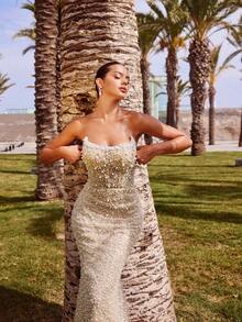 Faeriesty Đầm dạ hội đuôi cá sang trọng, lộng lẫy không dây đeo vai, đính cườm và sequin, cổ áo được trang trí cầu kỳ, dáng ôm sát với phần đuôi cá, phù hợp cho đám cưới, dạ hội, tiệc tùng và các sự kiện thảm đỏ, thanh lịch và quyến rũ cho mùa xuân tiệc tùng. - Rượu sâm banh - Xem 10