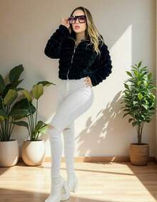 CHAMARRA  TORERA A LA CINTURA CON CIERRE PARA MUJER INVIERNO JUVENIL CALIENTITA - Negro - Ver 2