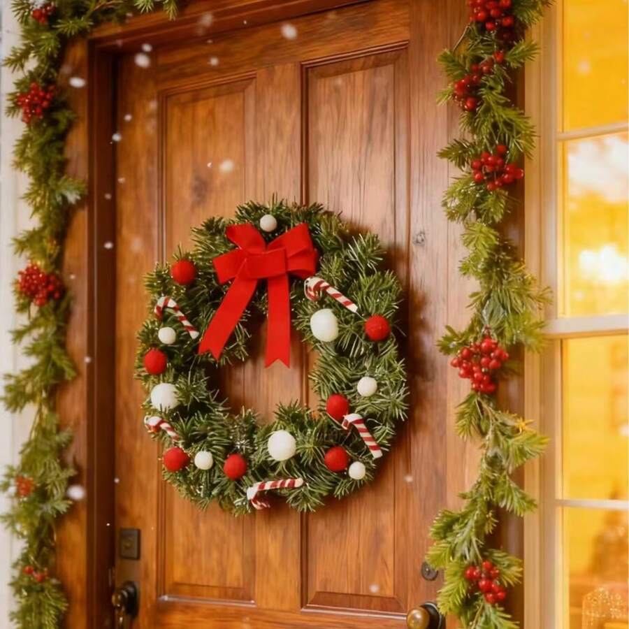 1pc Christmas Wreath Decor - Traditional Green Pine Branches With Red Berries And Candy Cane Stripes, Easy Hanging Design - Christmas, New Year, Valentine's Day Decor - Durable Plastic Holiday Decoration, Wall Decor, Home Decor, Christmas Wreath For Door