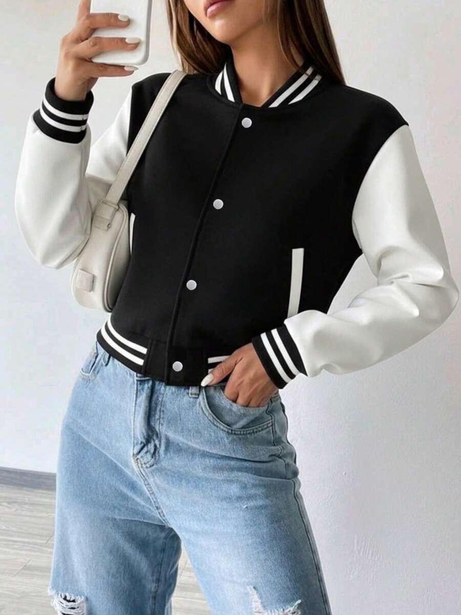 Teen Girls American Retro Black & White Colorblock Baseball Jacket, Autumn/Winter Short Knit Cardigan Coat - Black - View 1