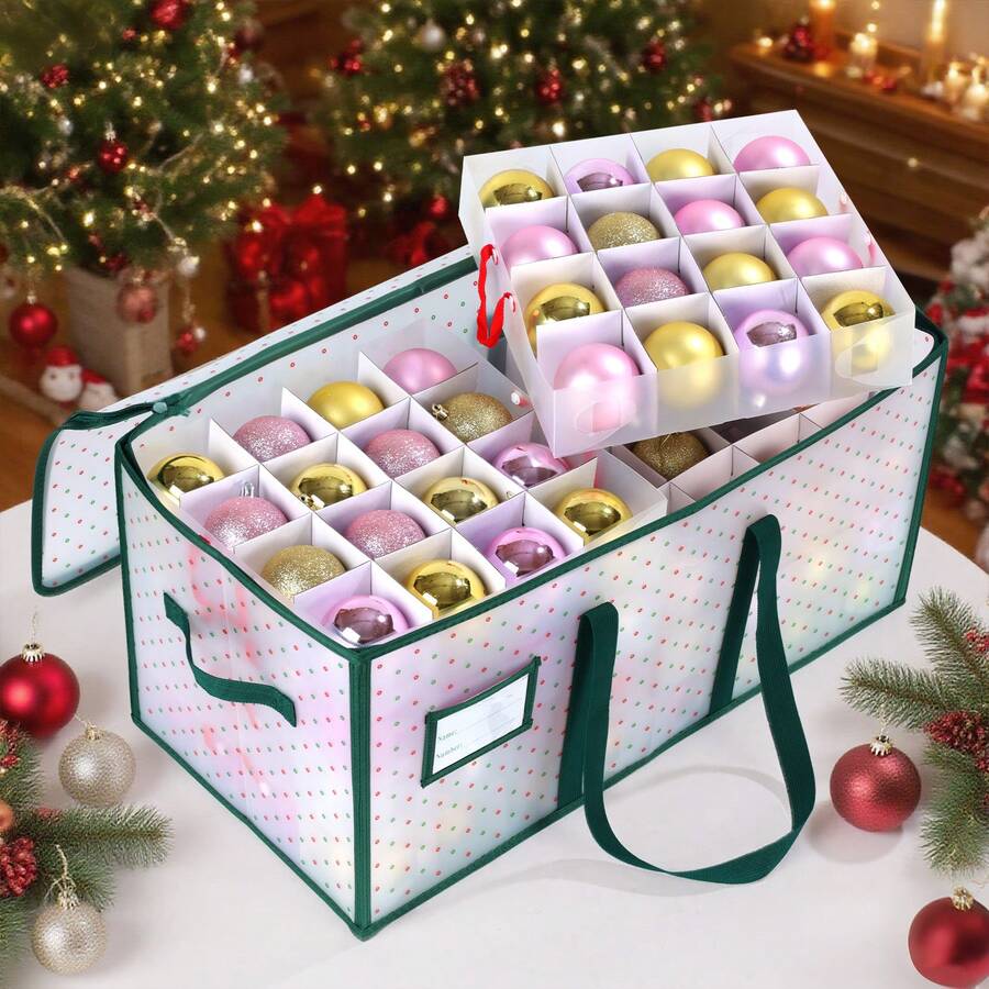 1Piece,Christmas Ornament Storage Box - Stores 128 Ornaments With 2 Sided Zipper - Flexible Plastic Christmas Ornament Storage Containers - 3 Inch Cube Compartments - Multicolor - View 1