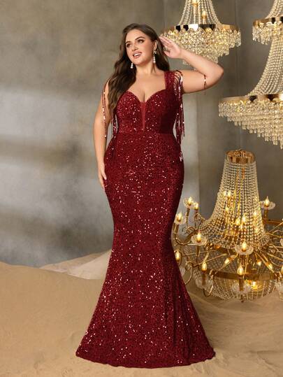 Faeriesty Curve Plus Elegant Fringe Trim Sweetheart Neck Mermaid Hem Sequin Party Dress For Galas, Weddings, Proms, Red-Carpet Events, And High-End Banquets​