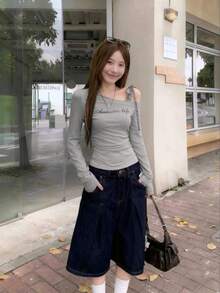 斜肩格纹系带打底衫，秋季字母印花修身长袖女式上衣，情人节、秋冬季/春季款 - 淺灰色 - 查看 3