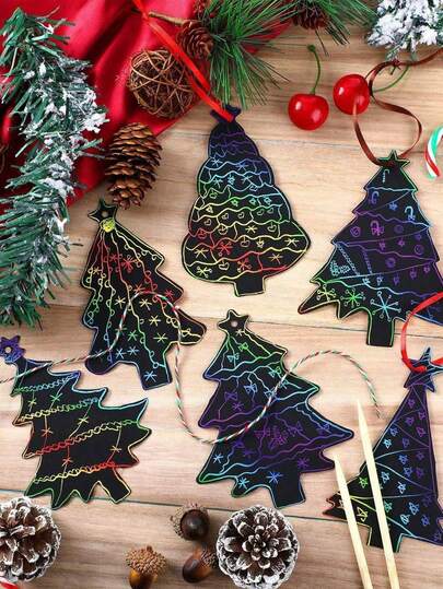 12pcs-Christmas Series Of Scratch-Off Paper Handmade DIY Scratch-Off Paintings, Colorful Graffiti Painting Paper Scratch-Off Pendants, Christmas Party Gifts,Christmas