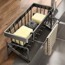 1 Sink Organizer With Automatic Drain Tray For Sponges, Dishwashing Liquid, Cleaning Towels And Brushes, And Organization Basket For Home Cleaning Kitchen Countertops, Black Or Gray Dish Cloth Holder, No Drilling Or Suction Cups Required, Drain Rack Basket Organizer - 灰色 - 查看 3