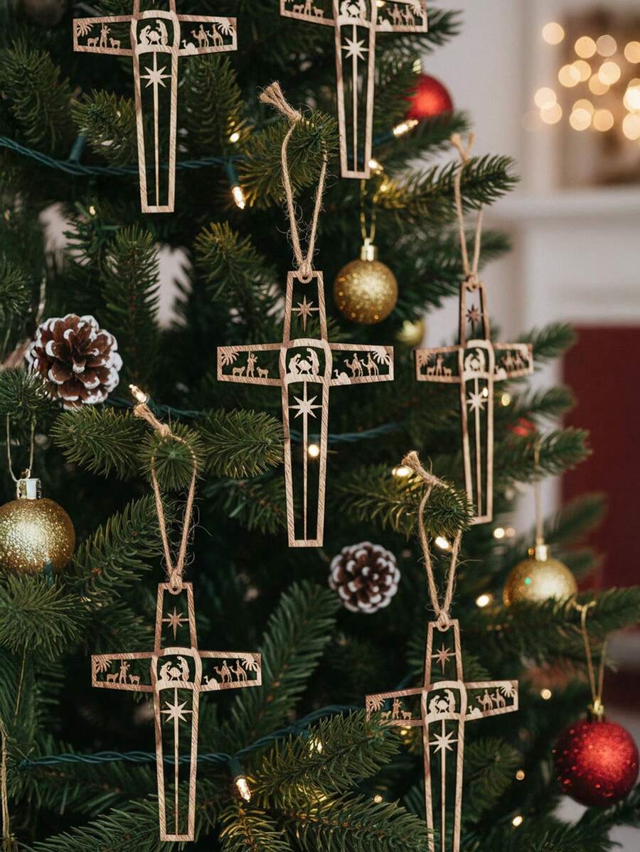 6/12pcs Wooden Crucifix Wall Cross 5.9inch Mini Size, Christmas Nativity Scene,Wall Decoration Creative Cross Pendant, Wooden Handicraft Home Party Decoration Pendant,Home Decor