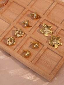 8 件金色水滴形几何五瓣花复古时尚耳环套装，礼物 - 金色 - 查看 2