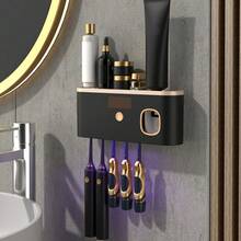 智能紫外线牙刷消毒器支架及4槽牙刷架，触屏式壁挂牙刷架带牙膏分配器，USB/太阳能充电式牙刷消毒器，浴室牙刷消毒器，无需钻孔 - 彩色 - 查看 7