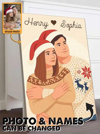 Catygift Customized Couple Portrait Canvas Wall Art, Poster Prints, Hand-Drawn Illustration Style, Unique Anniversary Gift, Wedding Gift