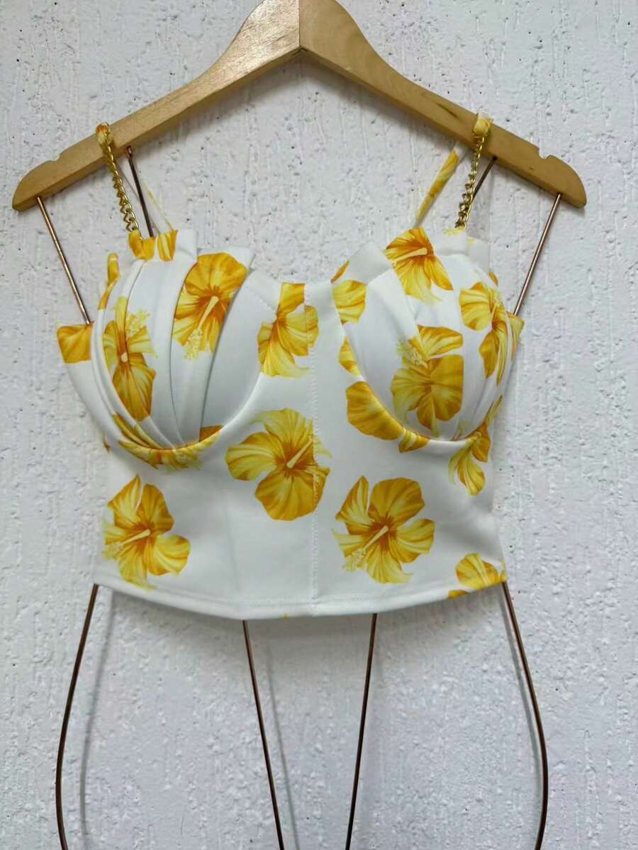 Cropped Top Blouse Thin Strap Chain With Mermaid Cup Fashion Blogger Retro Summer Party Beach Neoprene Suplex Strappy - Yellow Mult - View 1