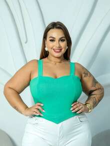 PLUS SIZE BENGALINE CROPPED TOP WITH STRAP AND POINT DETAIL - Verde Jade - 查看 1
