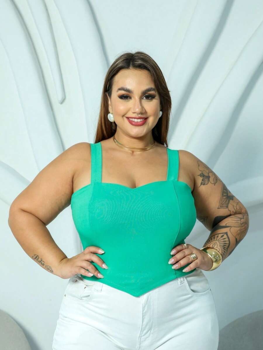 PLUS SIZE BENGALINE CROPPED TOP WITH STRAP AND POINT DETAIL - Verde Jade - 查看 1