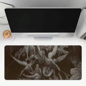 1pc Vintage Engraving Mythological Battle Extended Mouse Pad - Epic Dark Art Of Angelic Combat With Intricate Linework, Non-Slip Rubber Base & Smooth Durable Surface - Ideal Desk Accessory For Art Aficionados, Mythology Fans, Gamers & Office Use - Perfect Gift For Dark Art Enthusiasts & Literary Inspiration Lovers