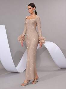 新款华丽重工烫钻手工钉珠气质方领袖口拼接假羽毛优雅开叉收腰长礼服正式宴会派对毕业派对伴娘礼服 - 卡其色 - 查看 5