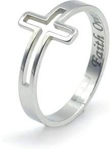 Anillo de cruz lateral Recordatorio de fe religiosa sobre el miedo Orar a Dios Jesús | Anillo de cruz religiosa de acero inoxidable ajustable | Incluye caja de joyería 2025 - Plateado - Ver 12