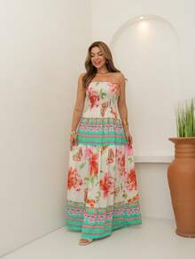 ARCO IRIS Long Strapless Dress In Plain Viscose, Printed, Barrato 36-42 With Lastex, Casual, Elegant, Feminine For Versatile And Comfortable Looks - B/VERDE - 查看 4