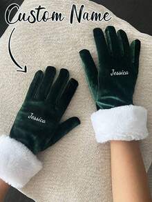 Guantes de Navidad de terciopelo personalizados y personalizados, con ribete de piel sintética para mujeres: guantes festivos de dedo completo elásticos, de unicolor, tejidos en jacquard, guantes decorativos y cálidos de poliéster para invierno, uso al aire libre, cosplay, escenario, fotografía - lavables a mano - Multicolor - Ver 3