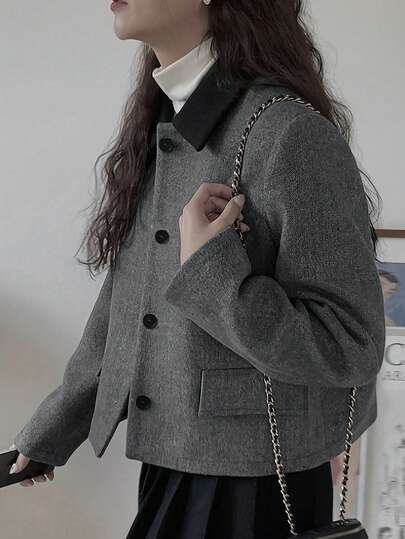 Women's Autumn/Winter Short Contrast Color Collar Overcoat