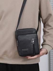 1 件黑色纯色男士单肩斜挎包，时尚休闲通勤背包 - 黑色 - 查看 1