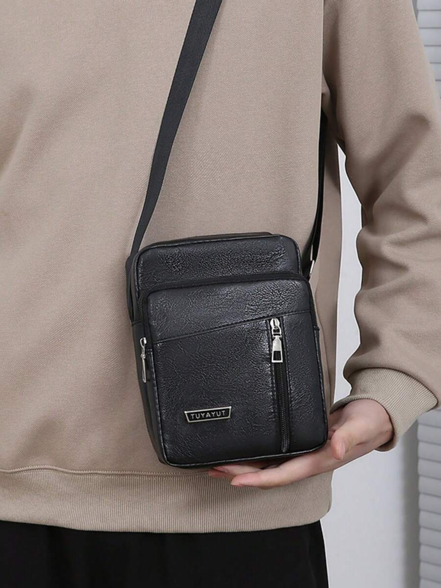 1 件黑色纯色男士单肩斜挎包，时尚休闲通勤背包 - 黑色 - 查看 1