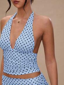 Women's Polka Dot 2 Piece Skirt Sets Vintage Halter V-Neck Top And Ruffle Layered Mini Skirt Summer Y2k Outfits - 藍色 - 查看 7
