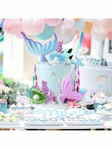 17pcs Mermaid Tail Cake Decorations, Ocean Series Cake Decorations, Fantasy Mermaid Tail Cake Decoration Accessories, Seaweed Coral Shell Starfish Cake Inserts, Suitable For Baptism Cake Decorations, Birthday Cake Decorations, Babyshower Party Cake Decorations, Mermaid Theme Cake Decoration Party Supplies (Soft Rubber Material, Reusable)