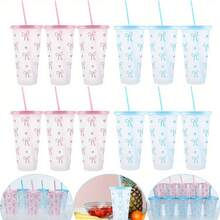 20/10 Pack 24oz Bow Plastic Cups With Straw And Lid, Pink Blue Reusable Travel Tumbler Cups, Heart-Shaped Pattern Iced Coffee Drink Cup, Suitable Birthday, Festival, Wedding, Anniversary And Party Supplies Valentine's Day,, Mother's Day, Halloween And Graduation Season Gifts - 藍色 - 查看 10