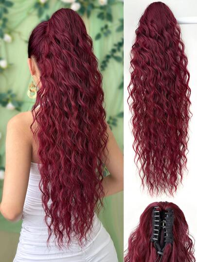 Acessório de Cabelo Extensão de Rabo de Cavalo em Formato de Garra Vermelho 66cm Fibra Sintética Resistente ao Calor com Ondas de Água, Adequado para Festas de Natal, Halloween e Uso Diário de Mulheres