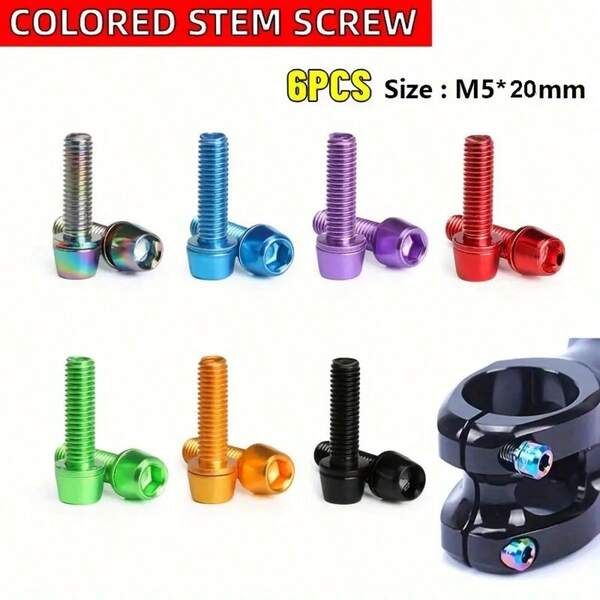 6pcs Colored Rod Screws - High Strength Carbon Steel Bicycle Handlebar Bolt M5 * 20mm, With Washer, High Hardness, Corrosion Resistance, High Temperature Resistance, Suitable For Bright Colors Of Mountain Bikes, Road Bikes, Folding Bikes, Bicycle Accessories, Mountain Bike Parts, And Durable Bicycle Parts