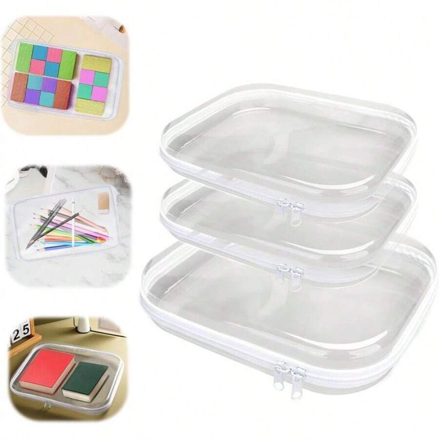 3-Piece Storage Box Organizer Set, Hard-Shell Zippered Case, Toy Storage Bins, Travel Organizer, Waterproof Transparent Case, Pencil Case, Toiletry Bag, Cosmetic Bag, White, Large Capacity, Portable And Versatile Organizer, Capson Pencil Display Box, Wardrobe Shelf
