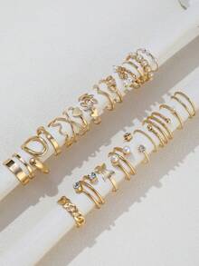 22pcs Butterfly Rhinestone & Faux Pearl Rings, Leaf & Heart Chain Knuckle Rings Set For Women - Gold - View 2